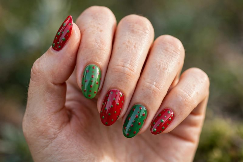Christmas green and red polka dot nails