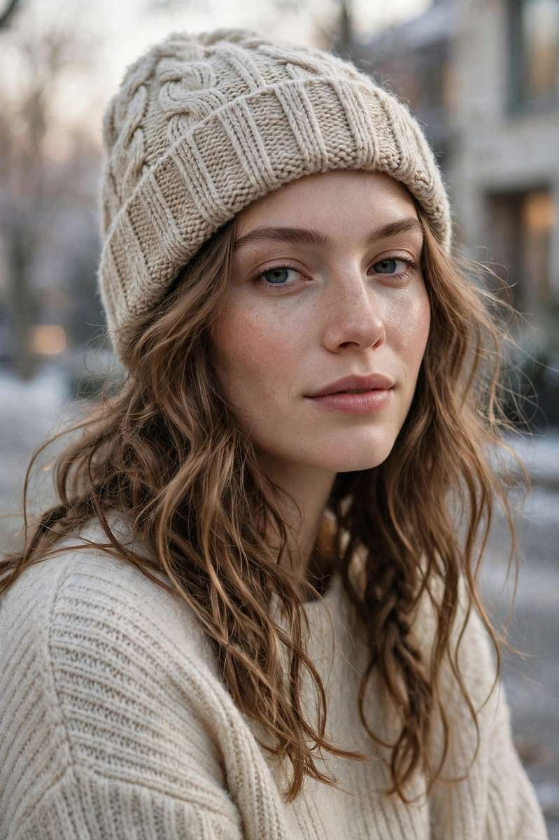 Beanie with wavy hair
