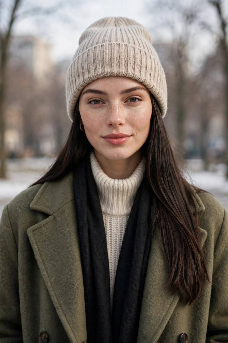Sleek straight hair with beanie