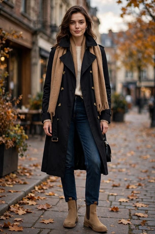 Camel Scarf Over Dark-Rinse Jeans