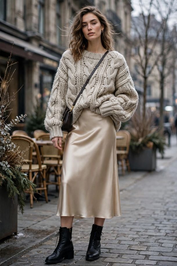 Satin Slip Skirt With a Chunky Knit