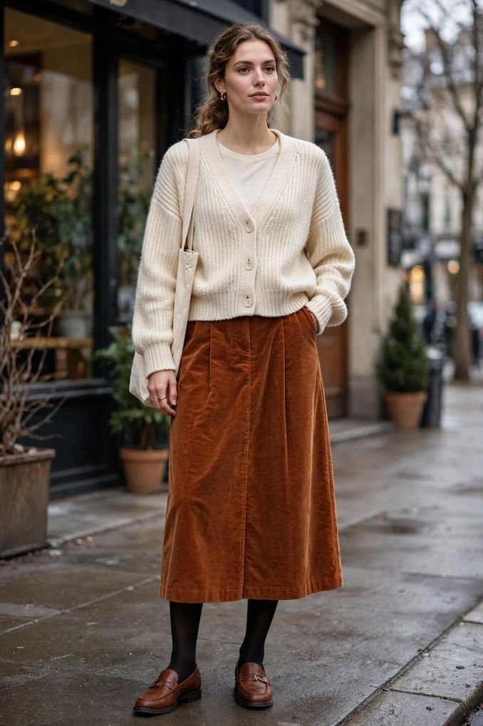 Corduroy Midi Skirt and Soft Cardigan