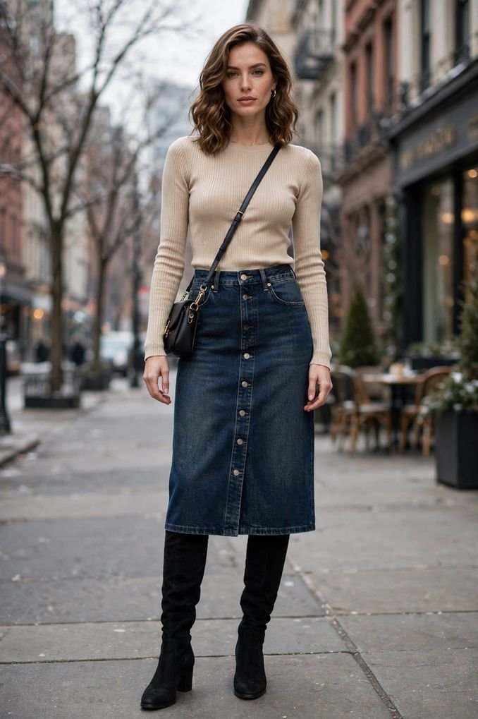 Denim Midi Skirt and Over-the-Knee Boots