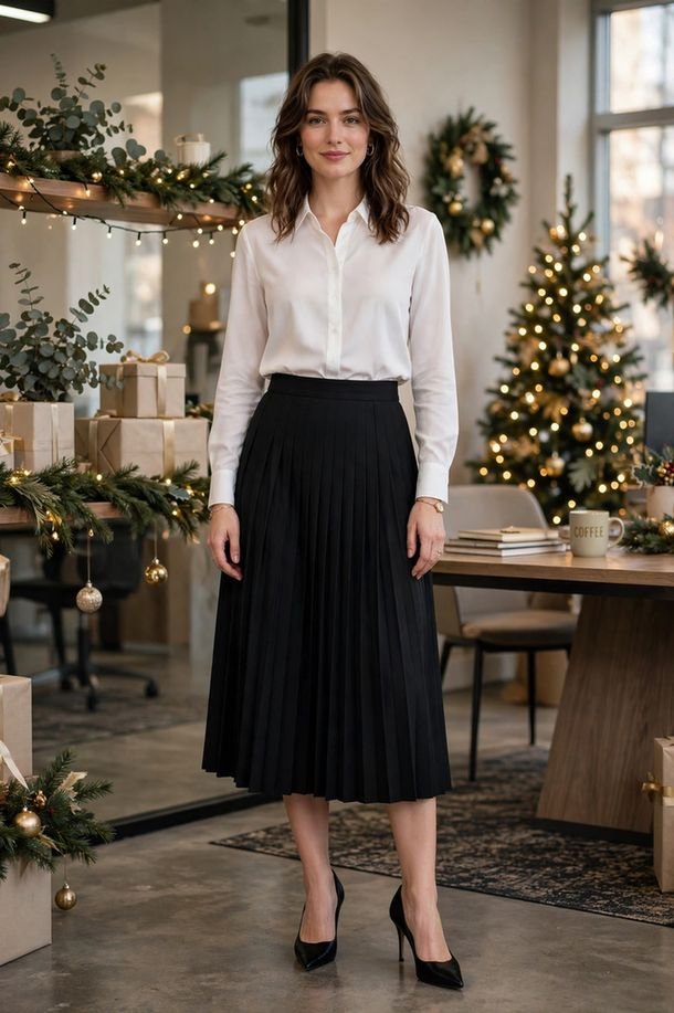 Black Pleated Midi and White Blouse