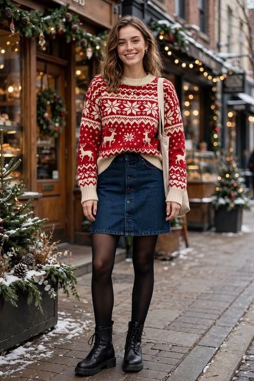 Fair Isle Sweater and Denim Skirt