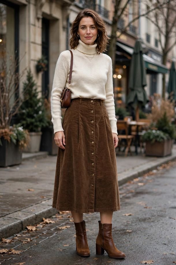 Button-Front Midi Skirt and Turtleneck