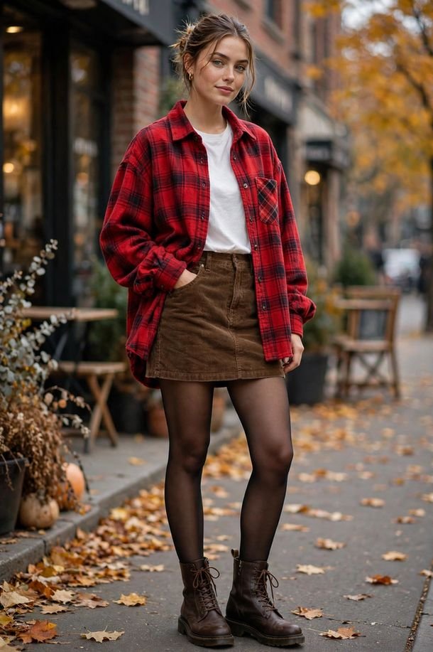 Corduroy Skirt and Flannel Shirt