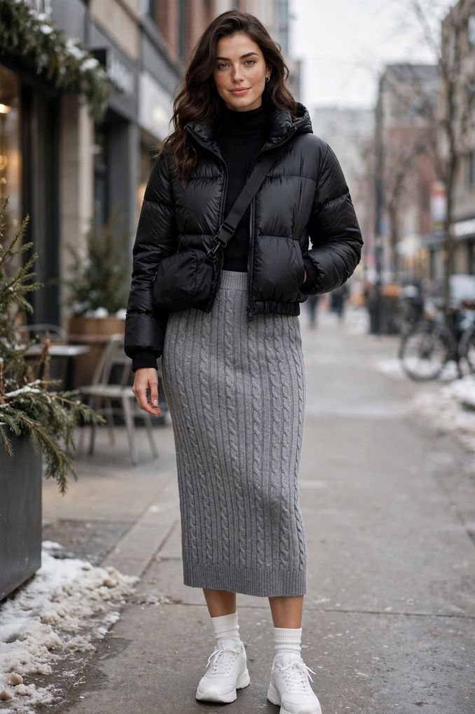 Knit Midi Skirt, Sneakers, and Puffer