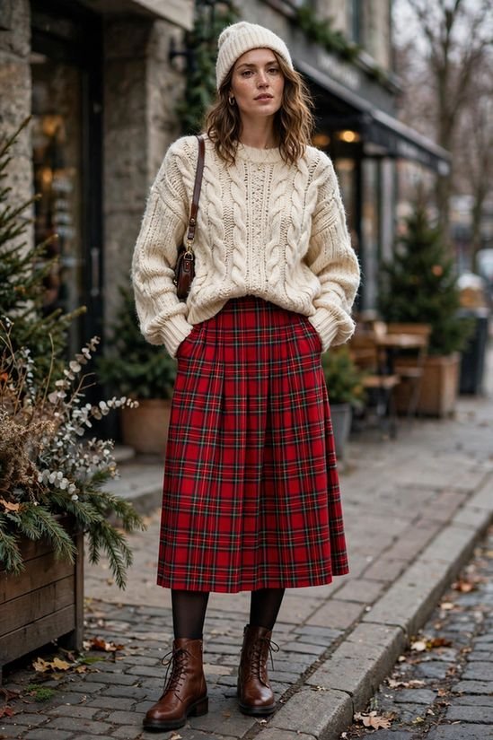 Plaid Skirt and Chunky Sweater
