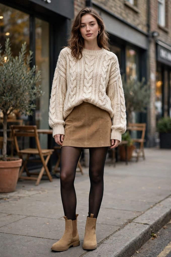 Suede Mini, Tights, and Chelsea Boots