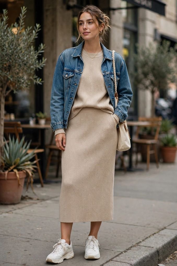 Sweater Skirt Set, Styled Down
