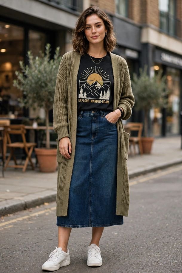 Denim Midi, Graphic Tee, and Cardigan