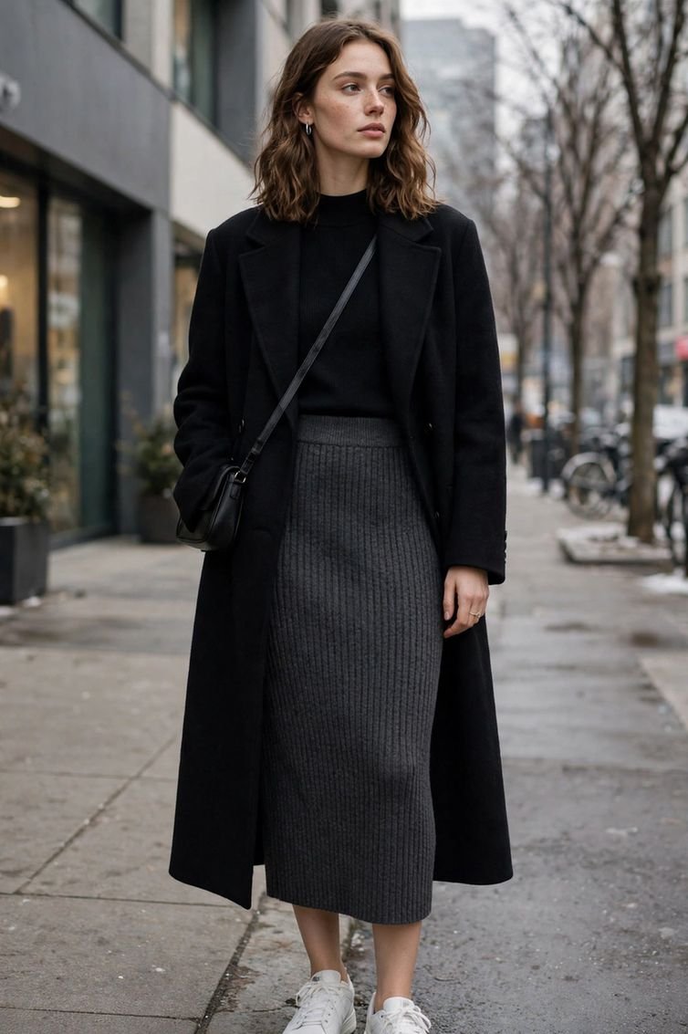 Ribbed Knit Skirt and Long Coat