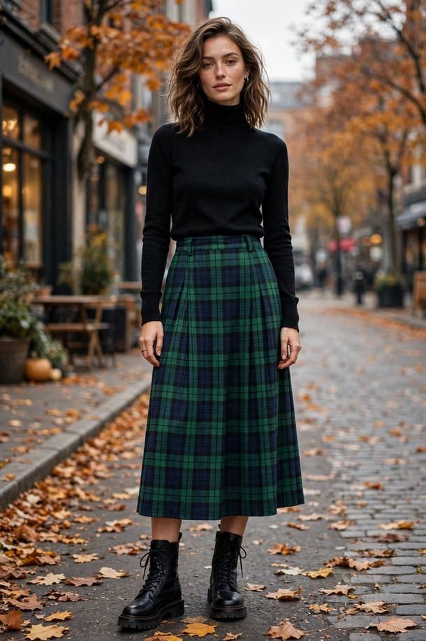 Flannel Midi Skirt and Lace-Up Boots