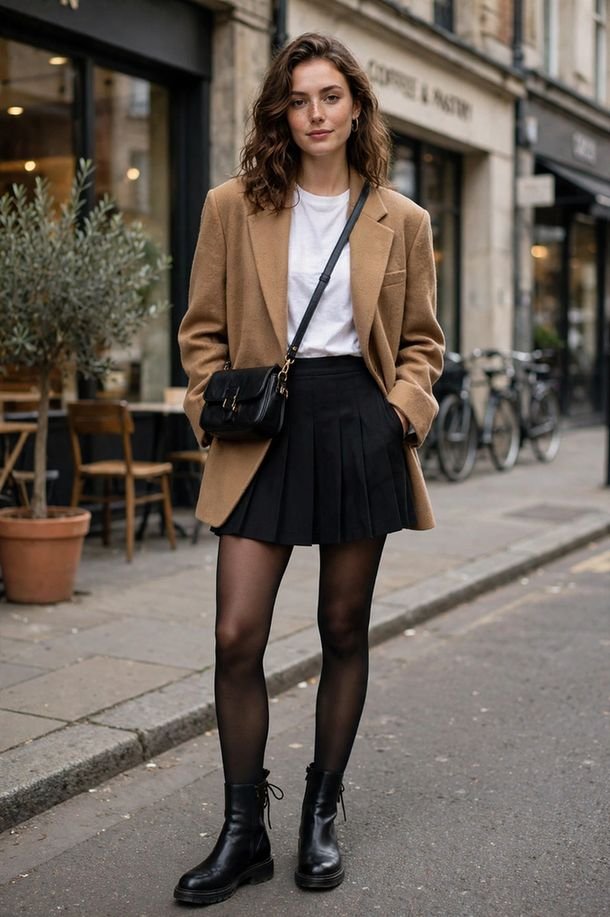 Black Mini, Tights, and Oversized Blazer