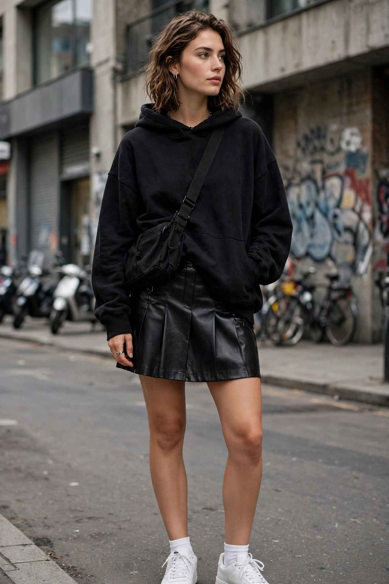 Faux Leather Skirt and Sneakers