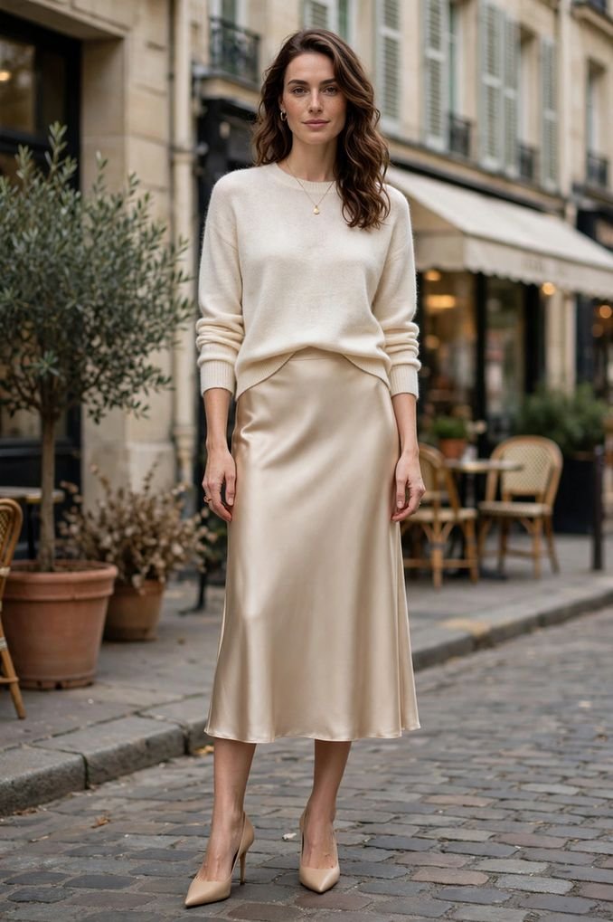 Silk Midi Skirt and Cashmere Sweater