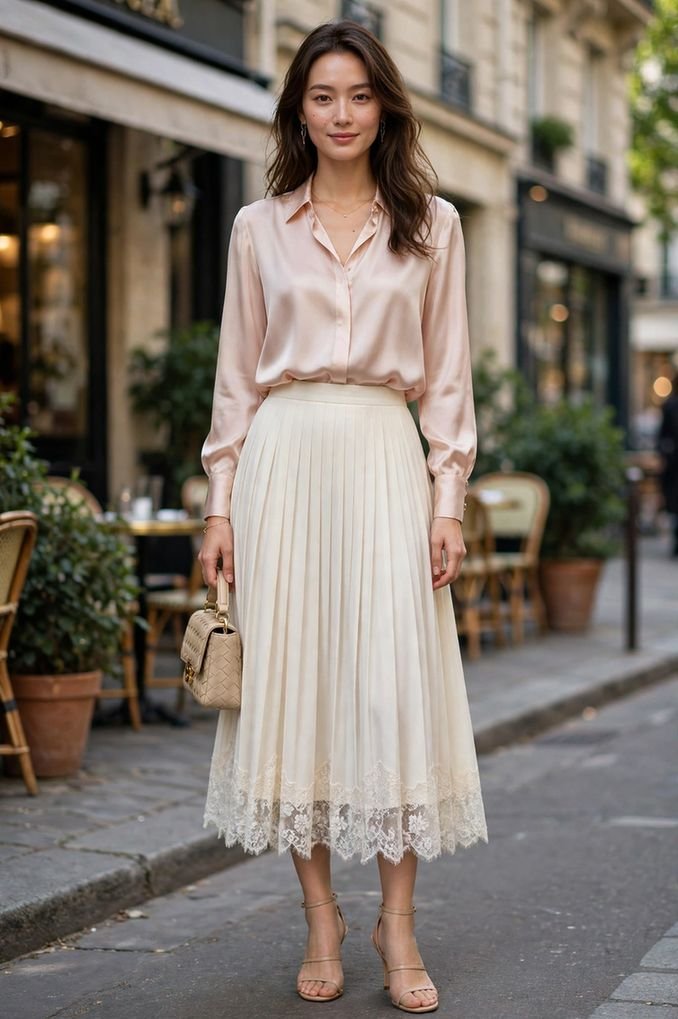 Lace-Trim Skirt and Elegant Blouse