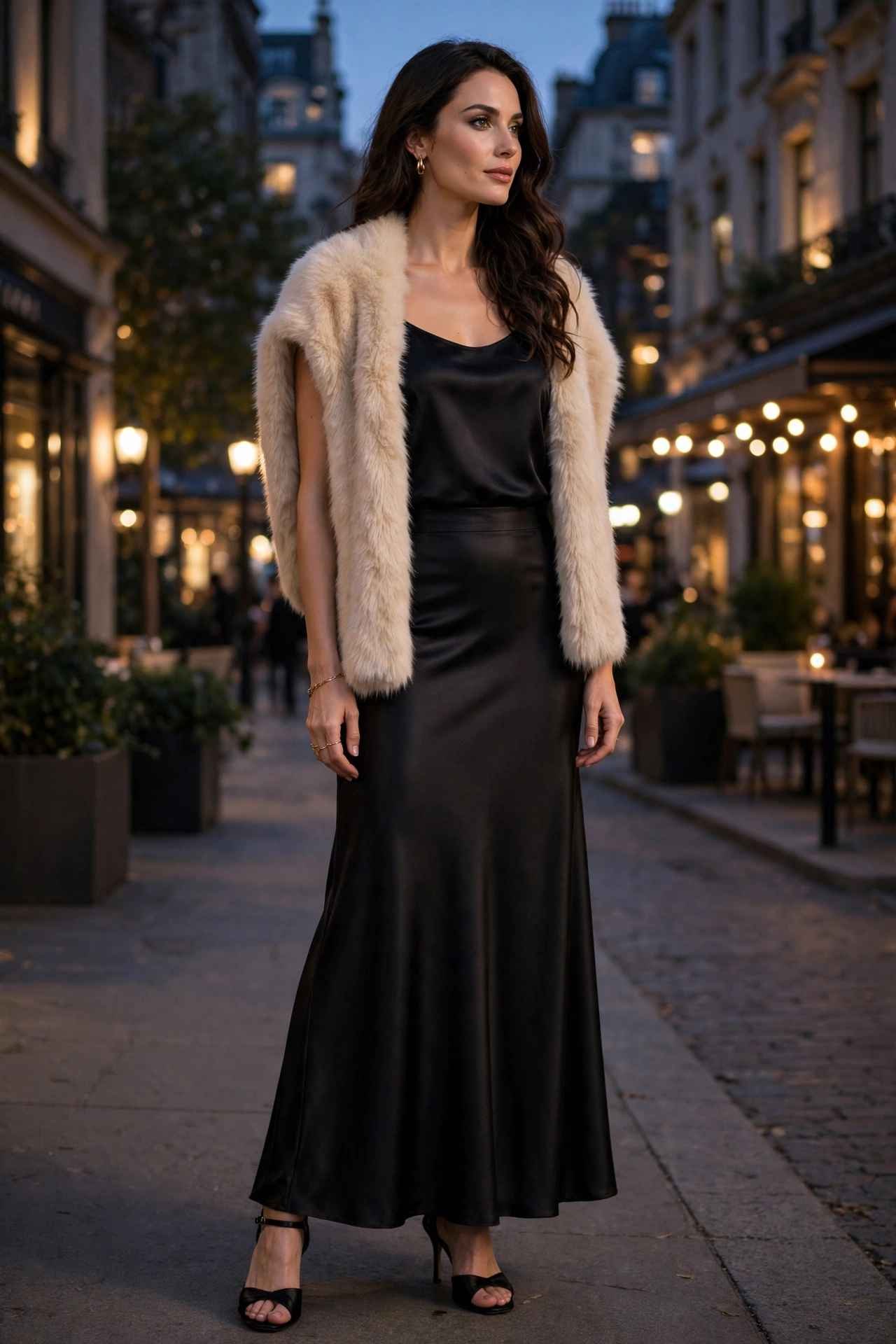 Long Satin Skirt and Faux-Fur Stole