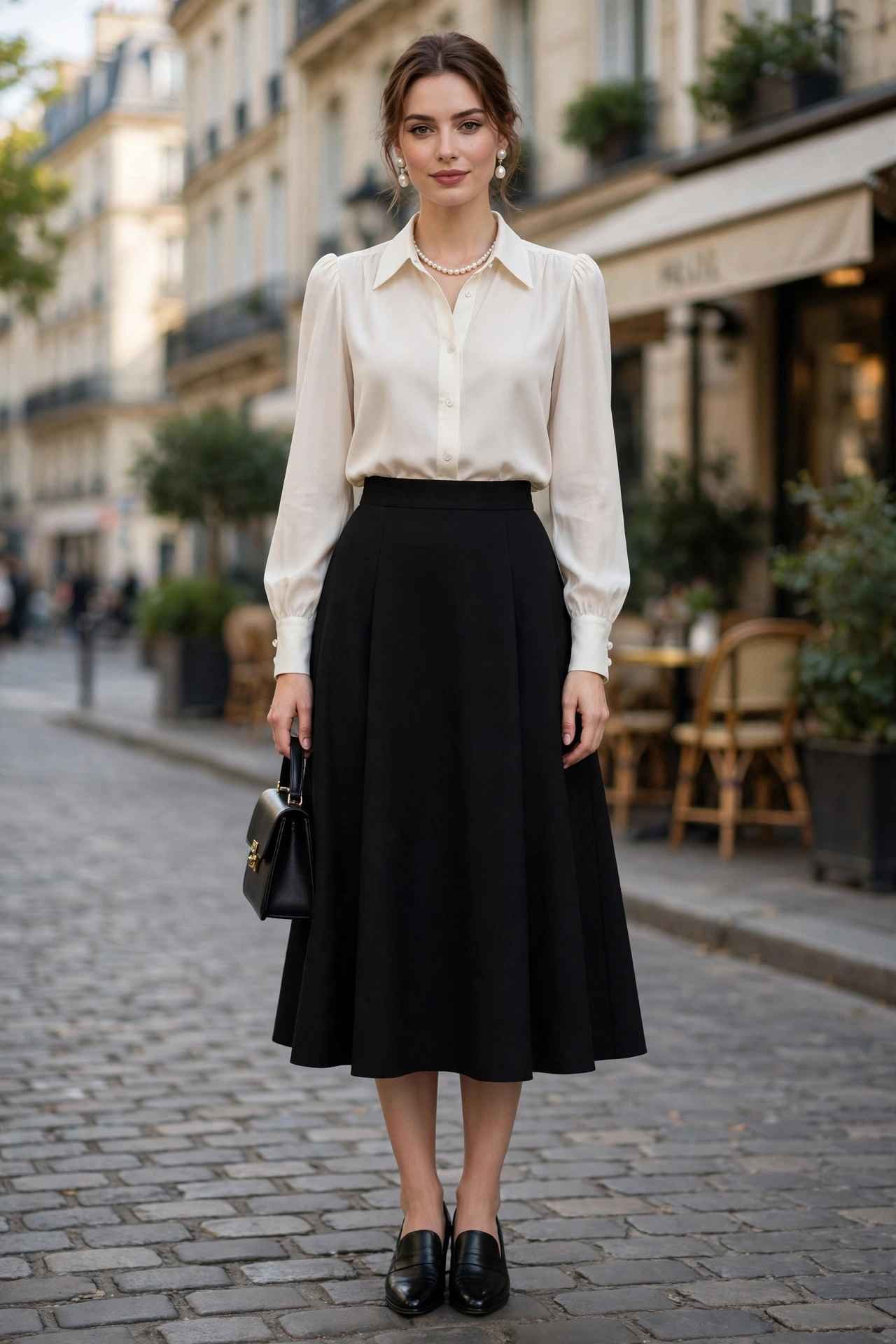 Black A-Line Skirt and Pearl Accessories