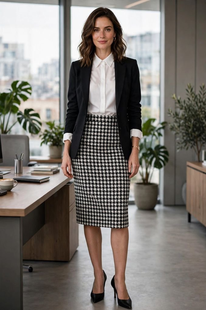 Houndstooth Pencil Skirt, Office Elegant
