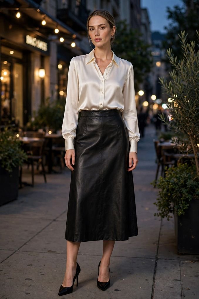 Leather Midi Skirt and Elegant Blouse