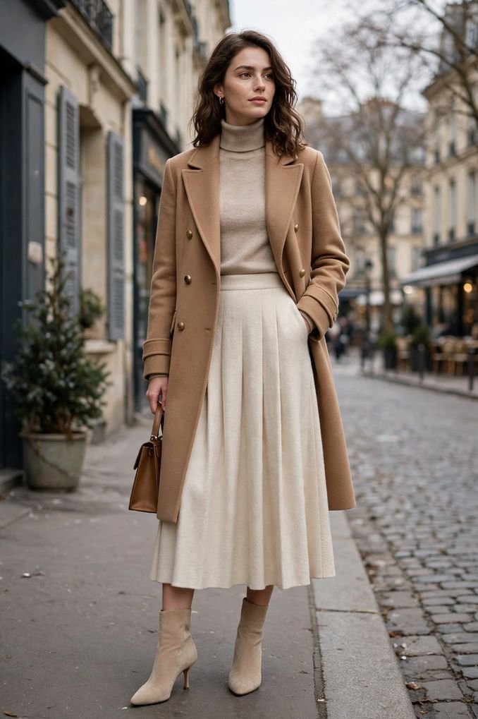 Cream Wool Skirt and Camel Coat