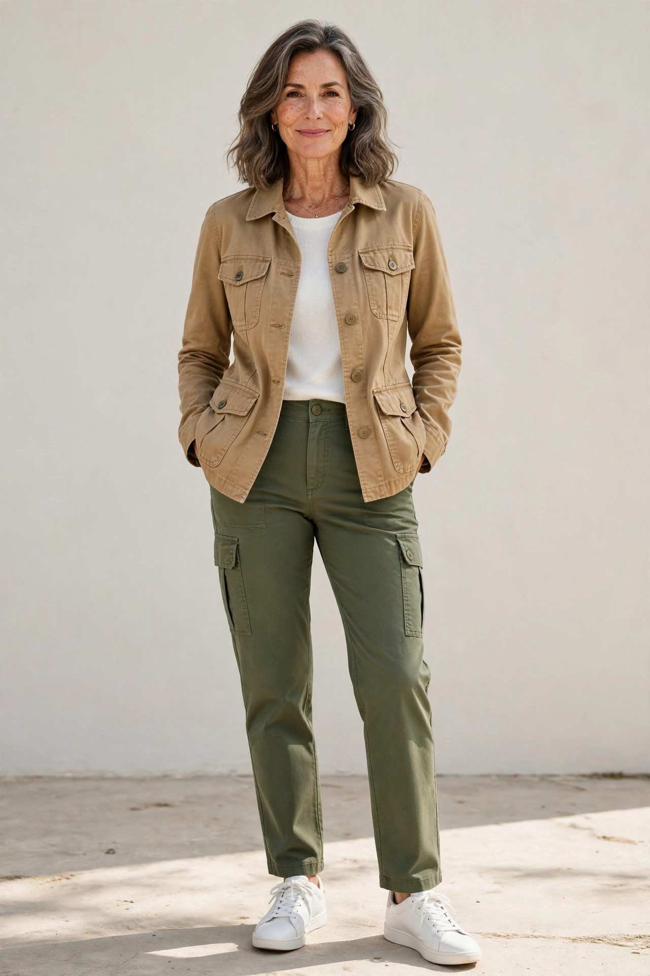 Utility jacket with slim cargo pants and sneakers