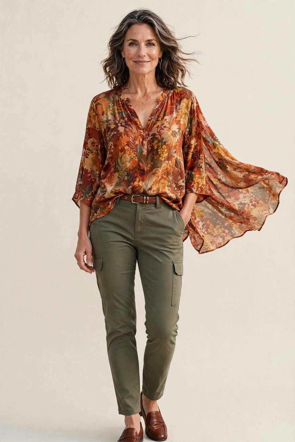 Flowing blouse with olive cargo pants