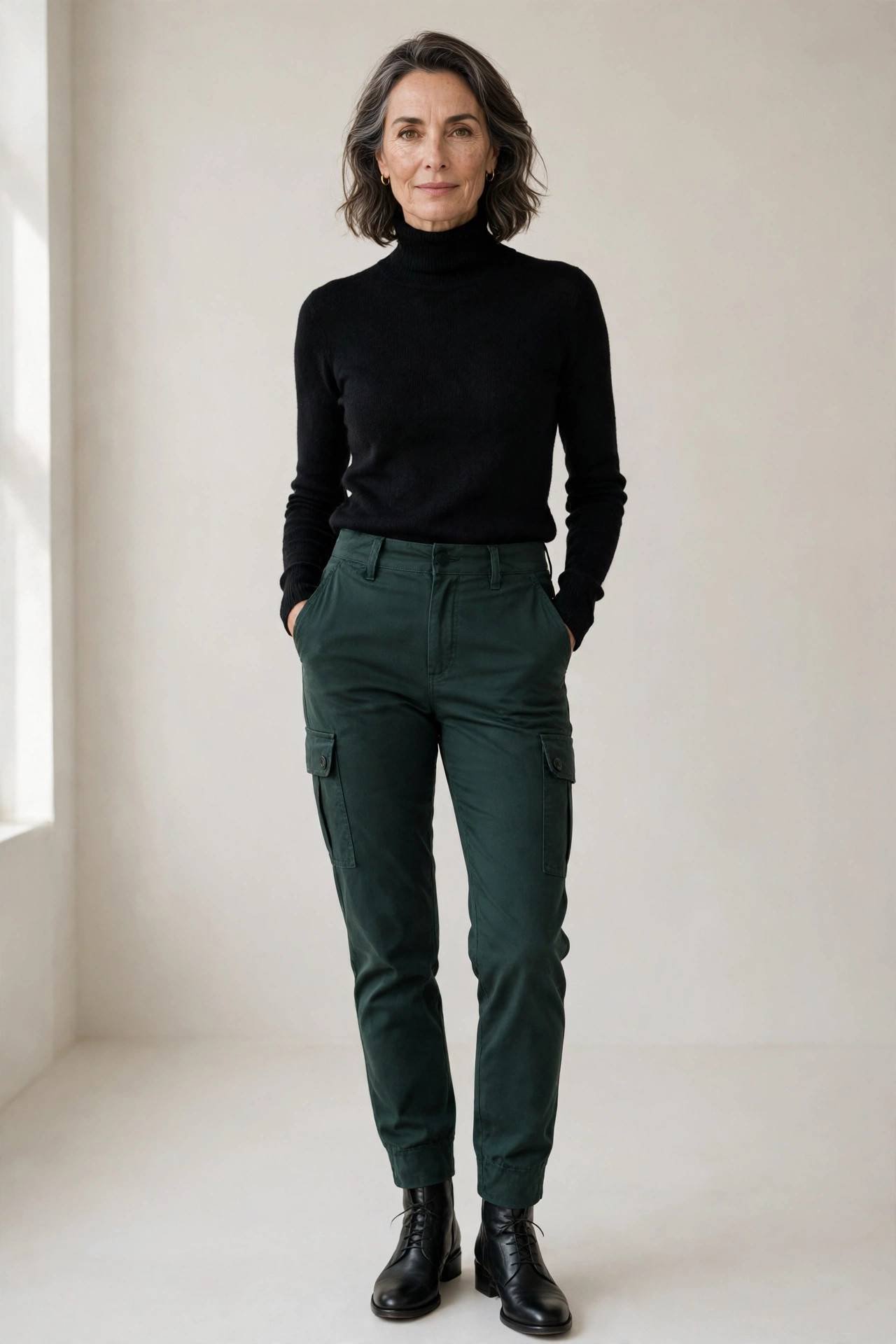 Turtleneck with dark green cargo pants elegant look