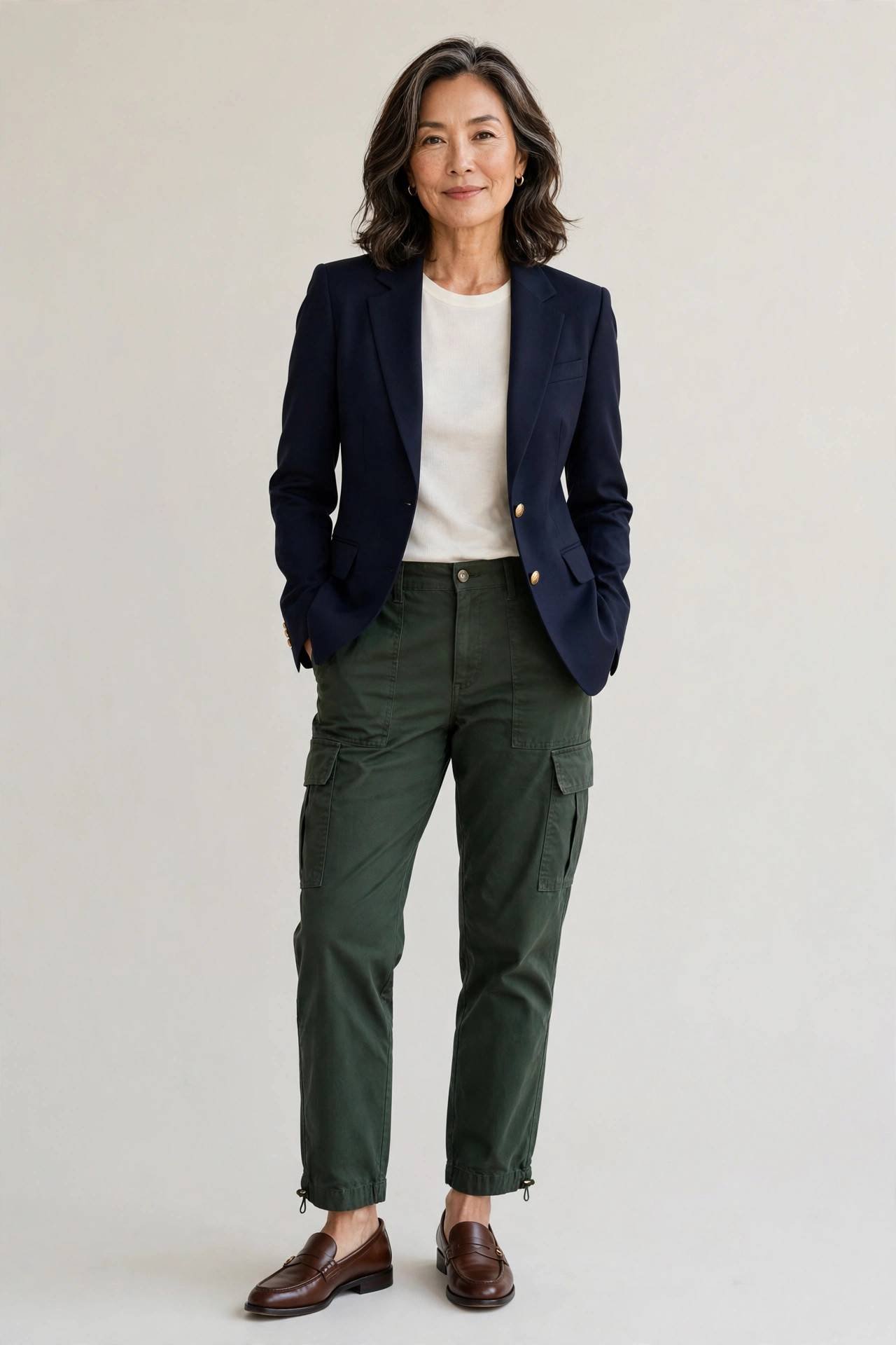 Tailored blazer with dark green cargo pants