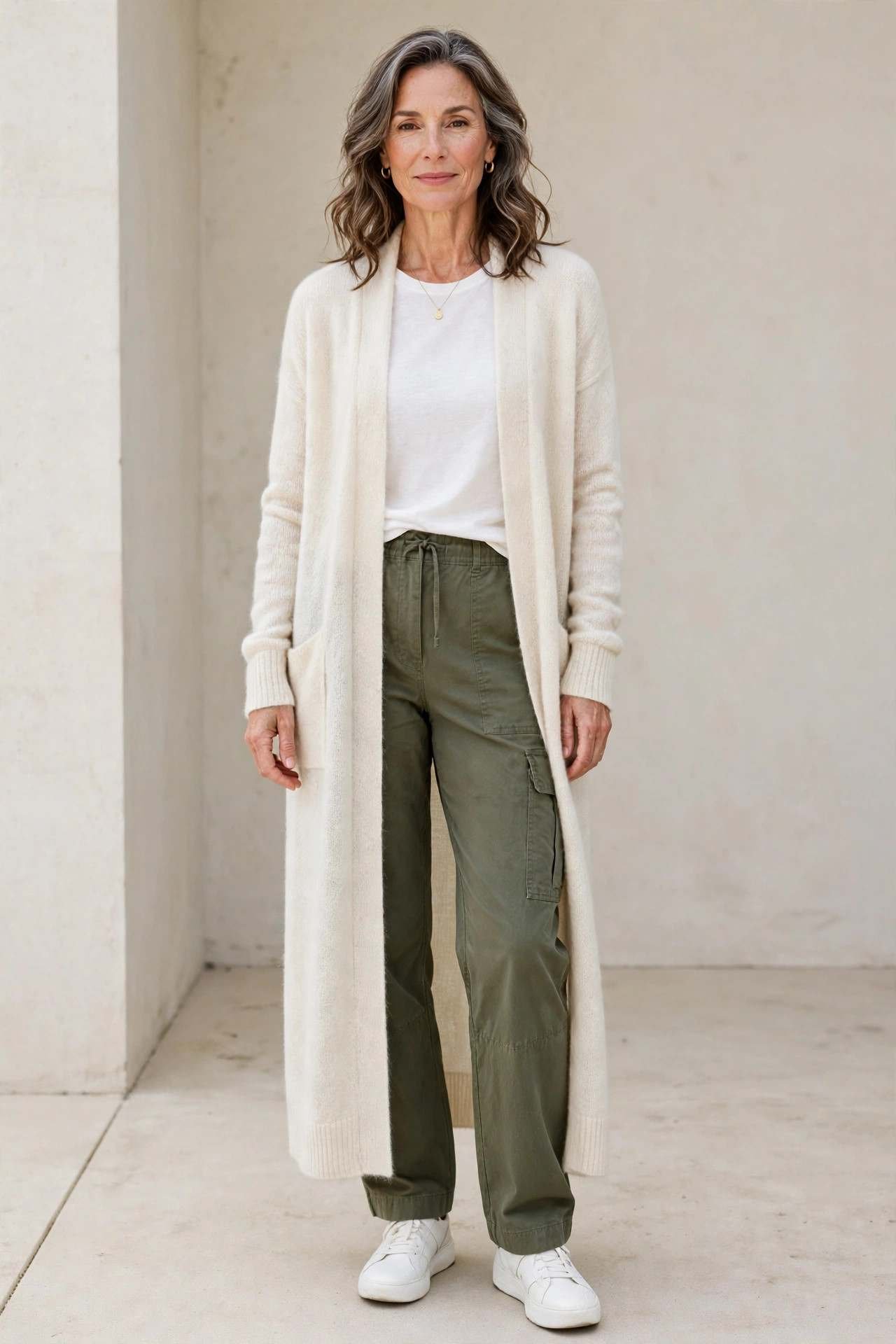 Long cardigan with olive cargo pants cozy outfit
