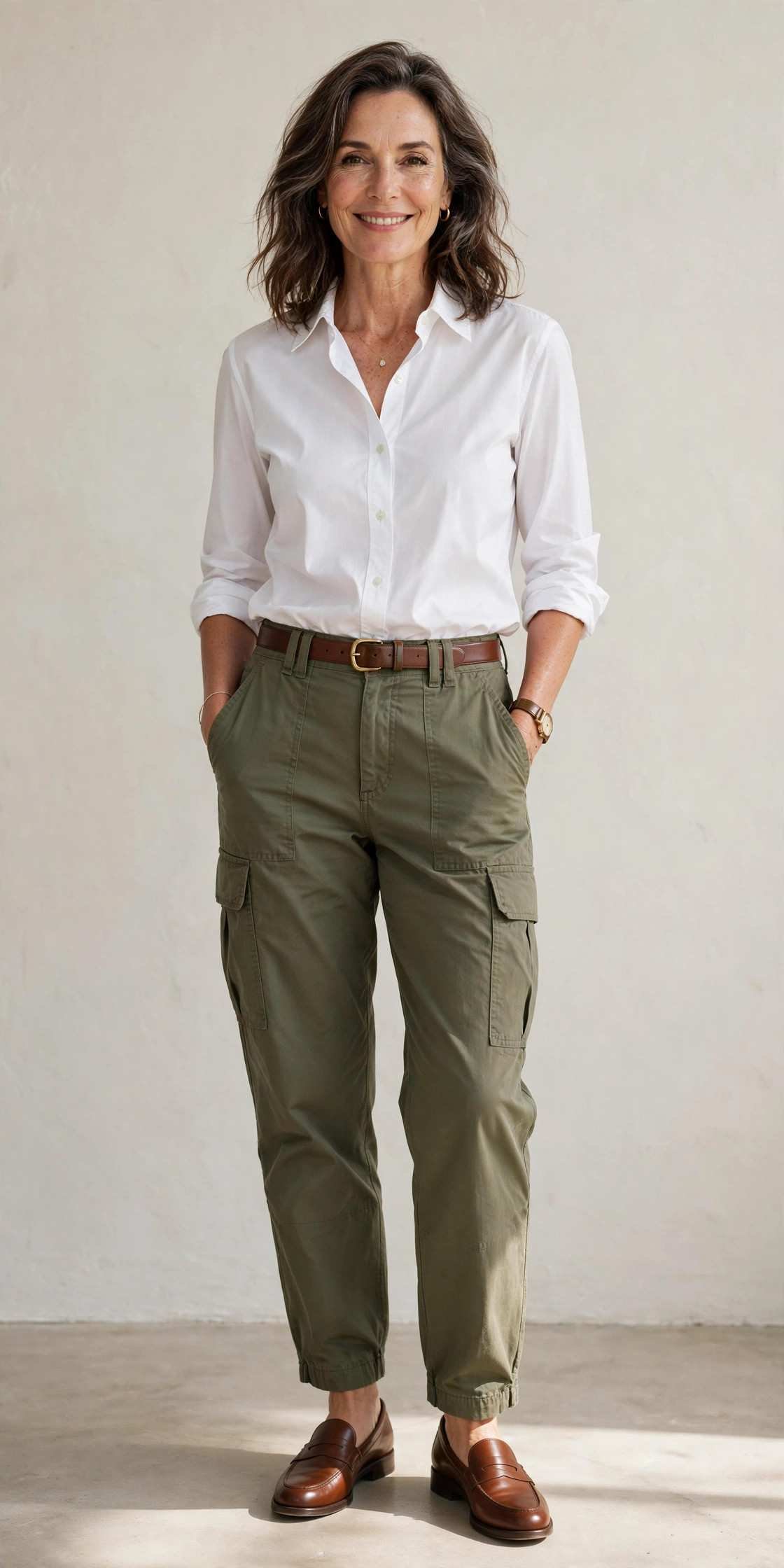 White button-down shirt with olive cargo pants