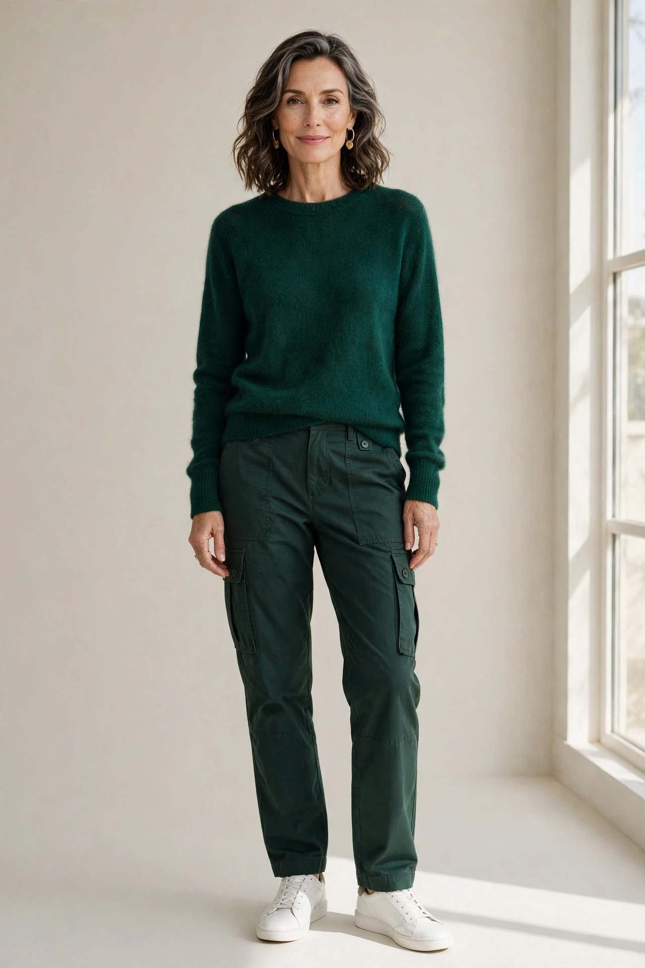 Cashmere sweater with dark green cargo pants