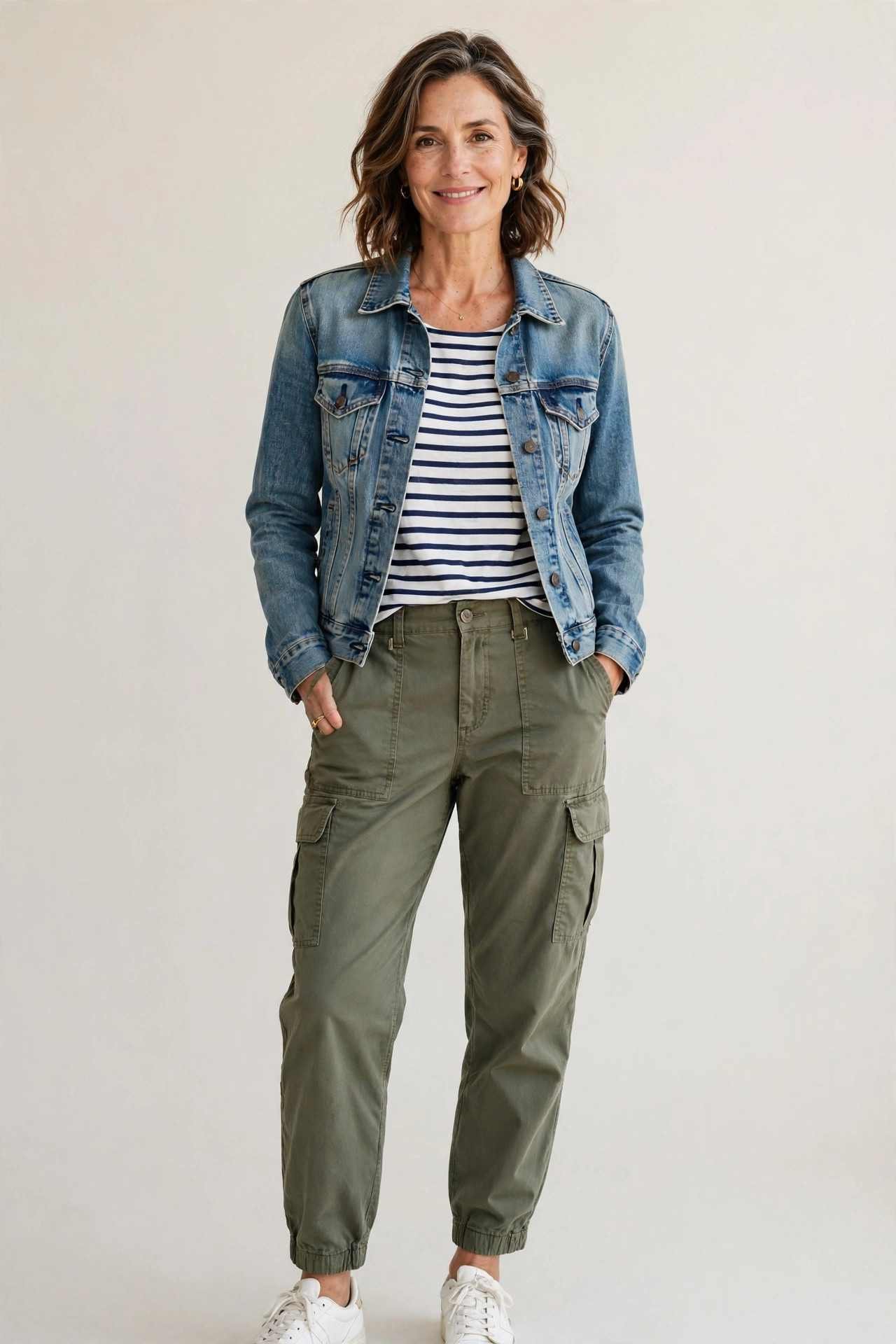 Denim jacket with striped top and olive cargo pants