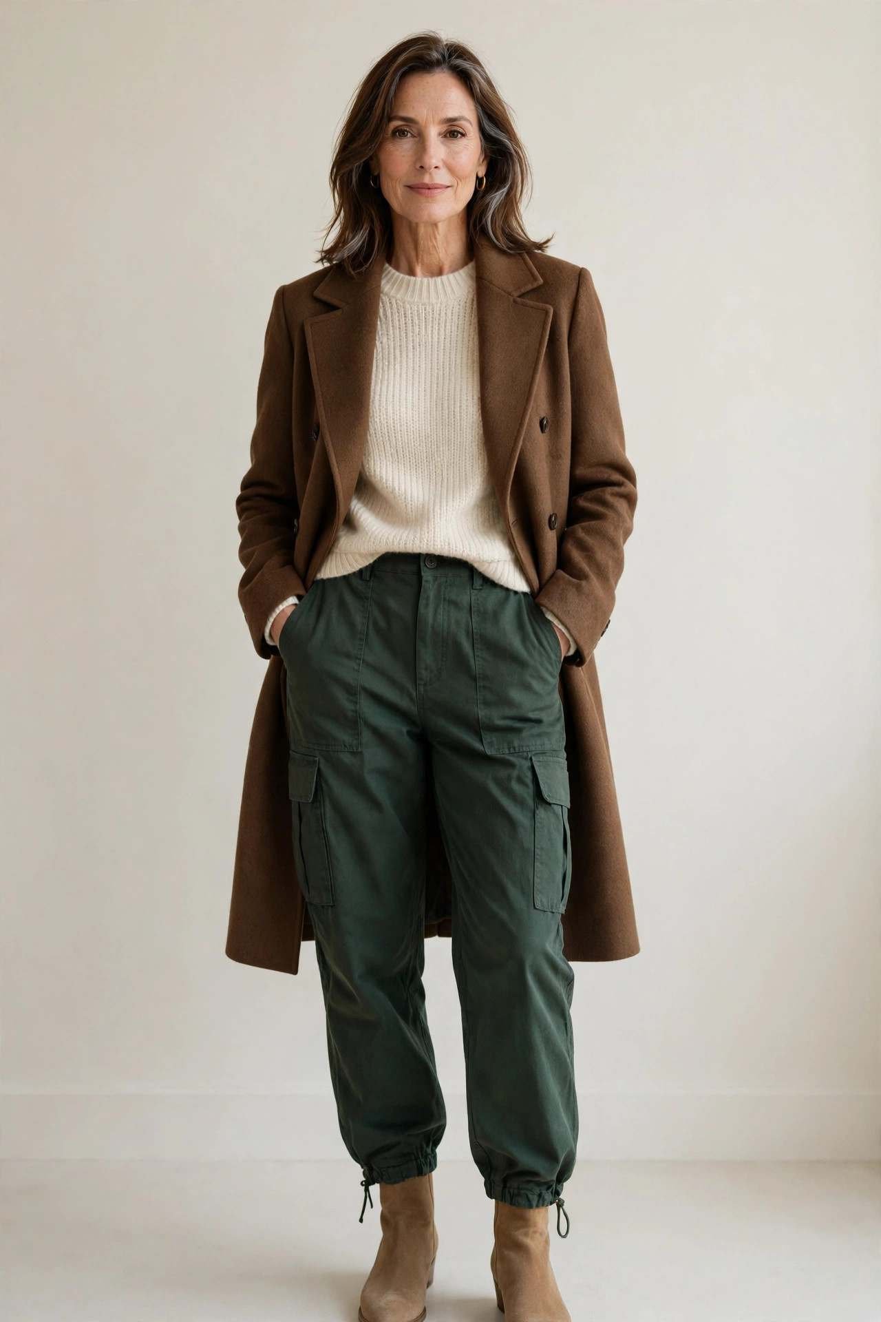 Wool coat with dark green cargo pants winter elegance