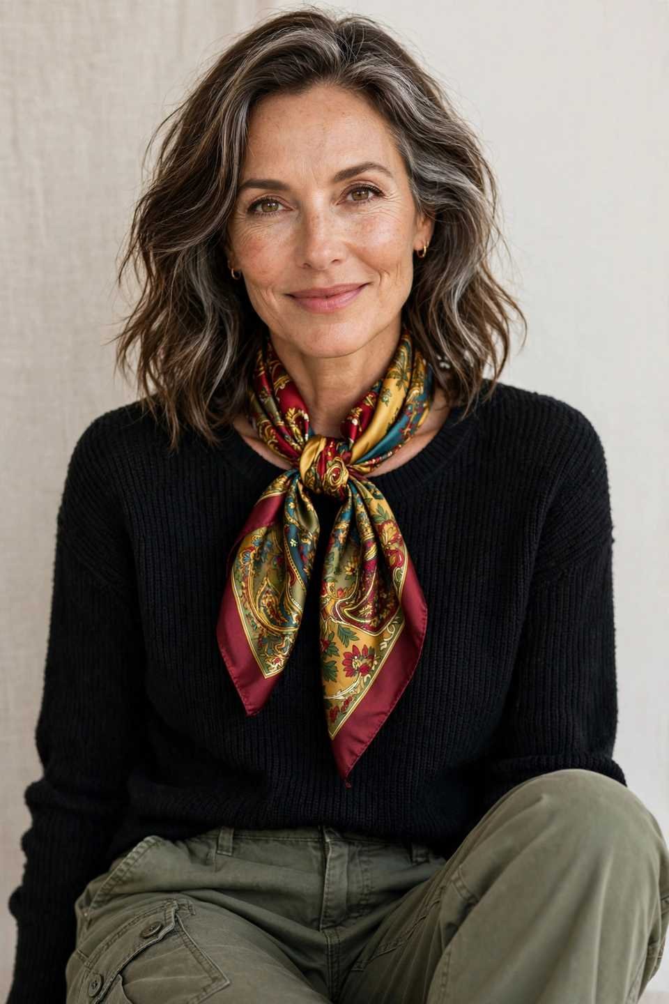 Silk scarf with olive cargo pants and black top