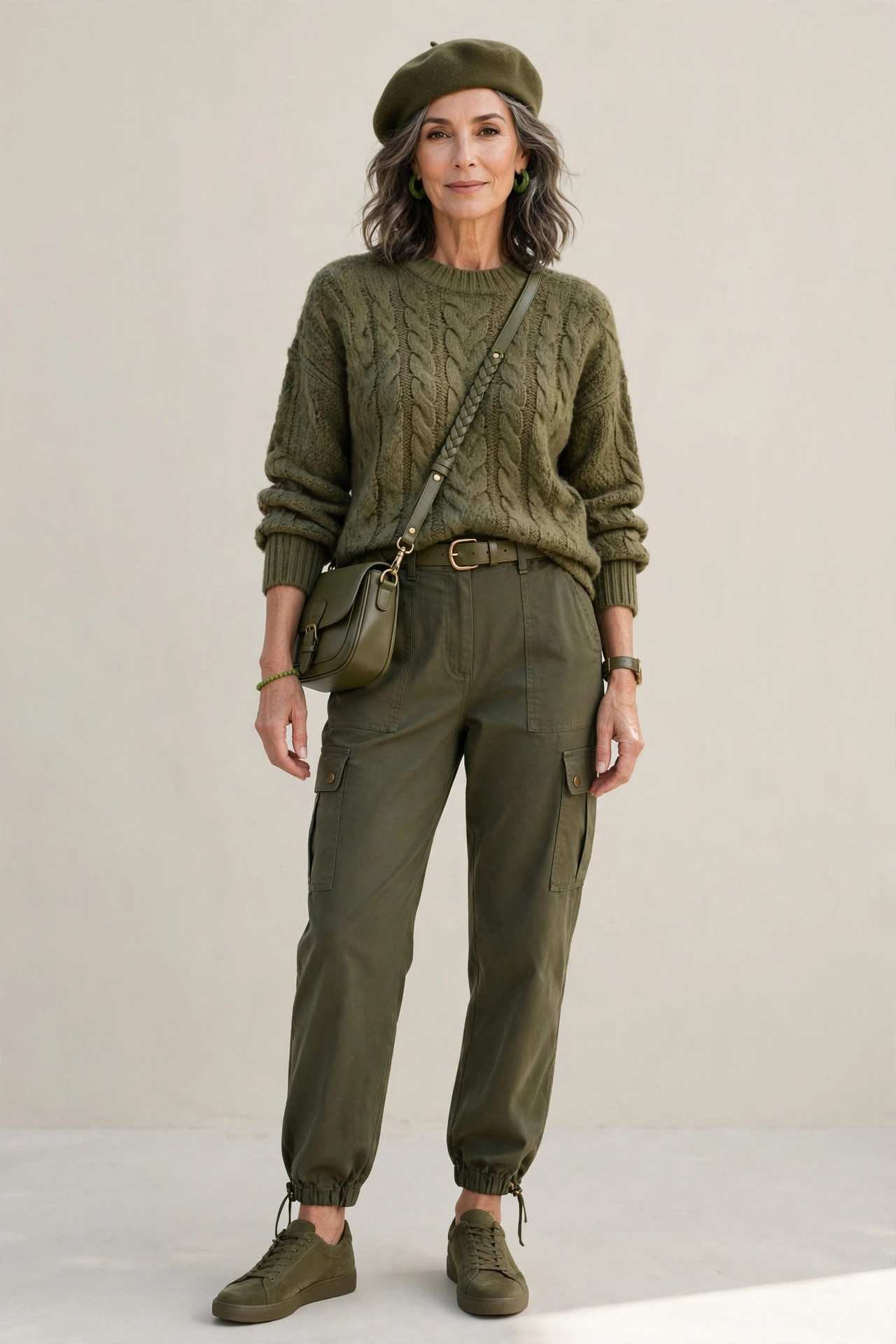 Monochrome olive outfit with cargo pants
