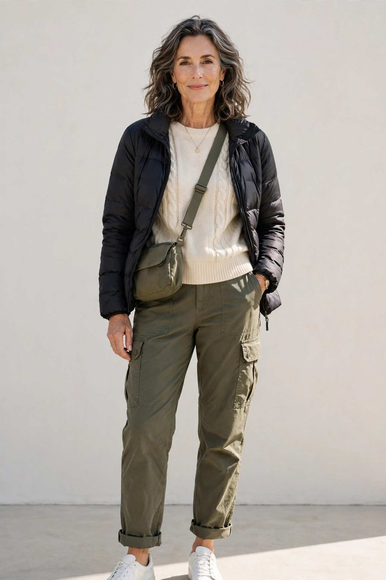 Travel outfit with olive cargo pants