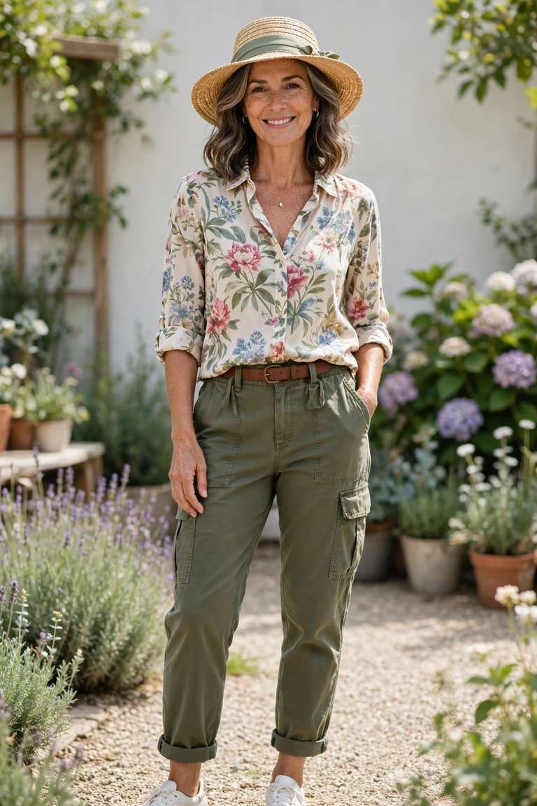 Floral blouse with olive cargo pants