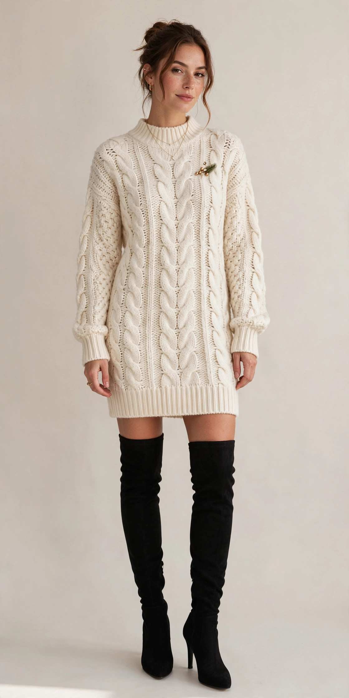 Sweater dress with over-the-knee boots festive outfit