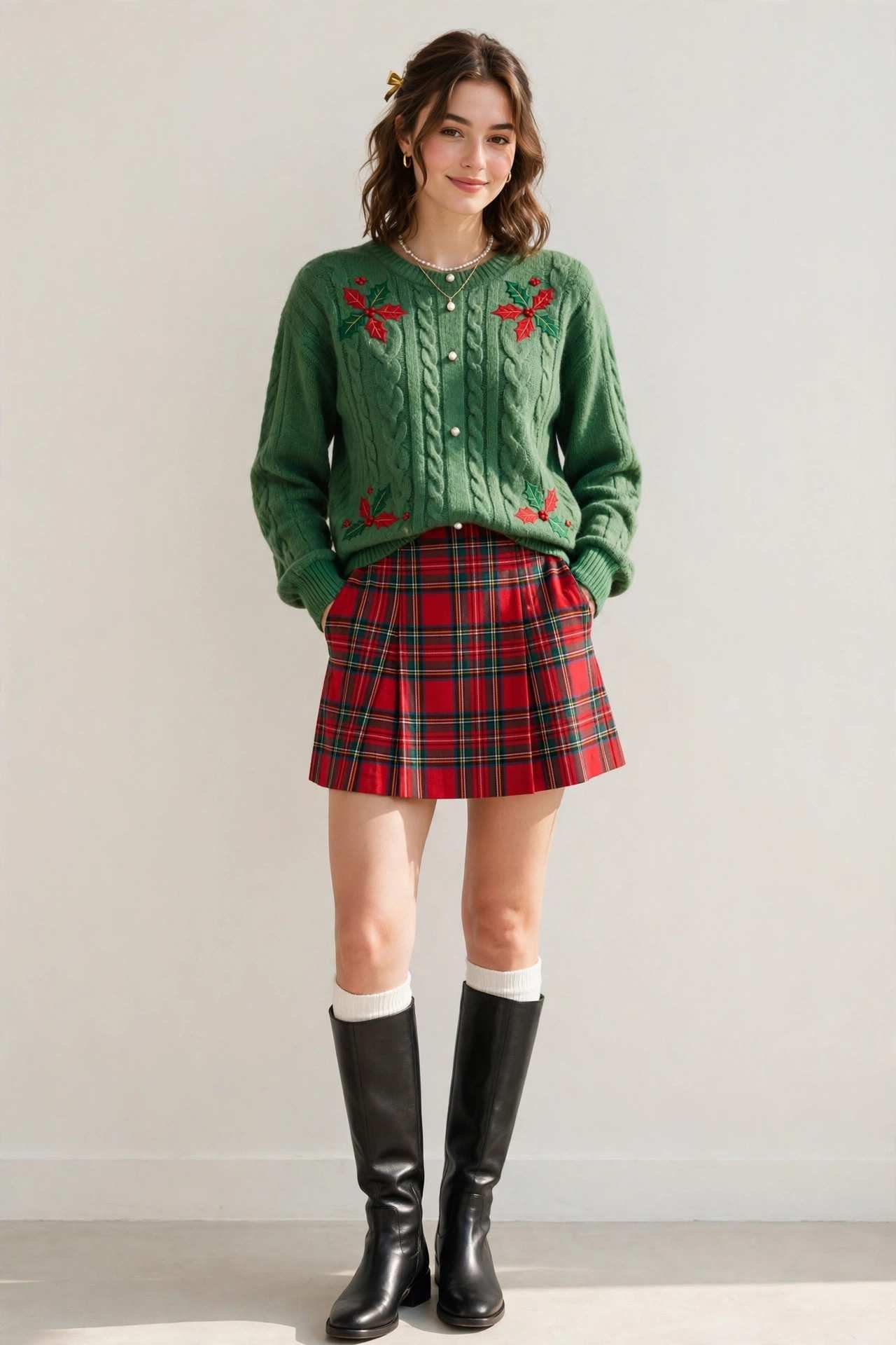 Plaid mini skirt with knee high boots