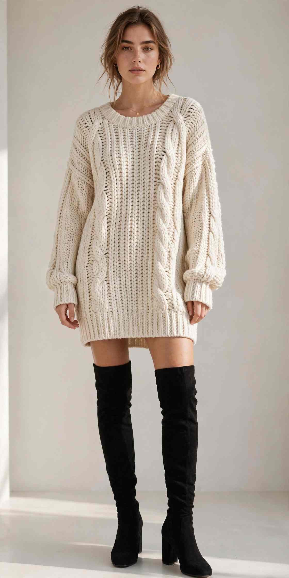 Chunky sweater dress with over-the-knee boots