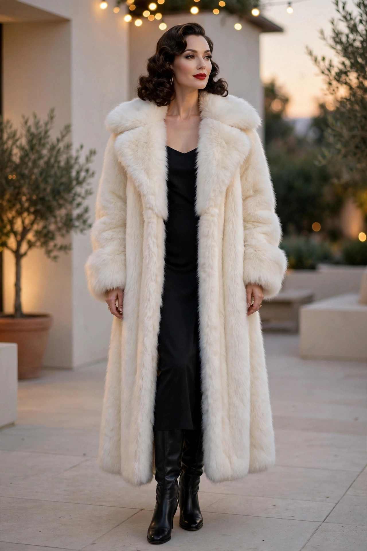 Faux fur coat with knee high boots glamorous look