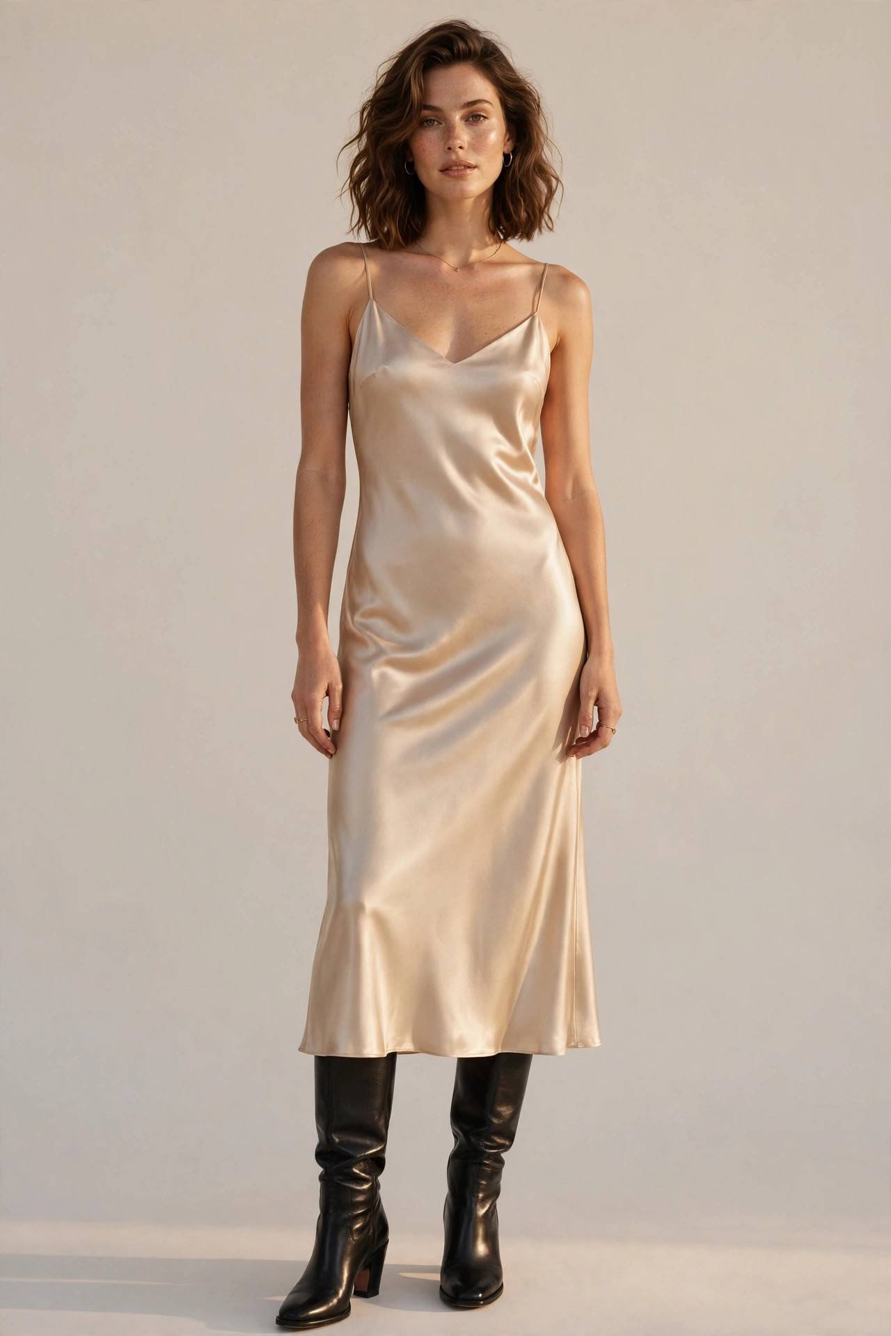 Satin slip dress with black knee high boots