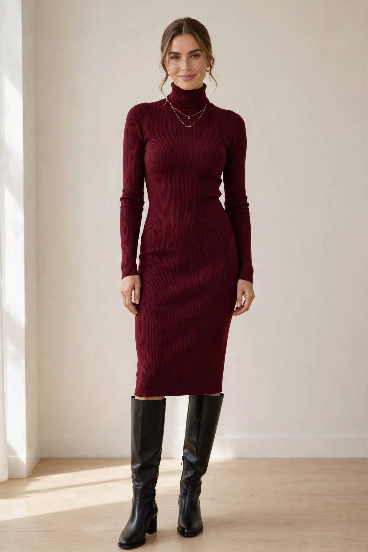 Turtleneck dress with black knee high boots