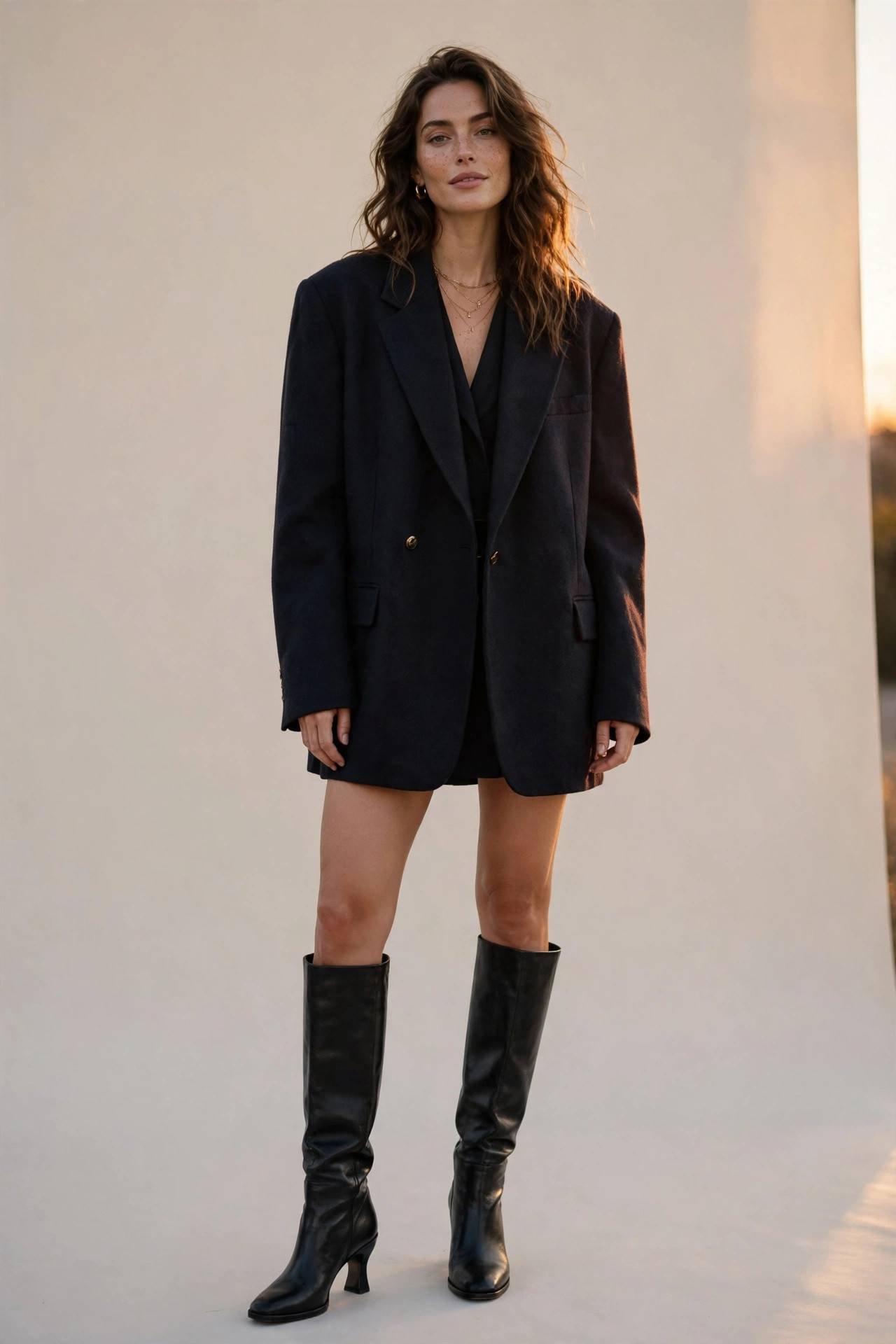 Blazer dress with knee high boots winter glam