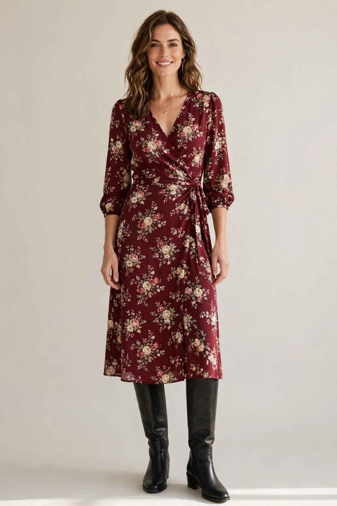 Wrap dress with knee high boots