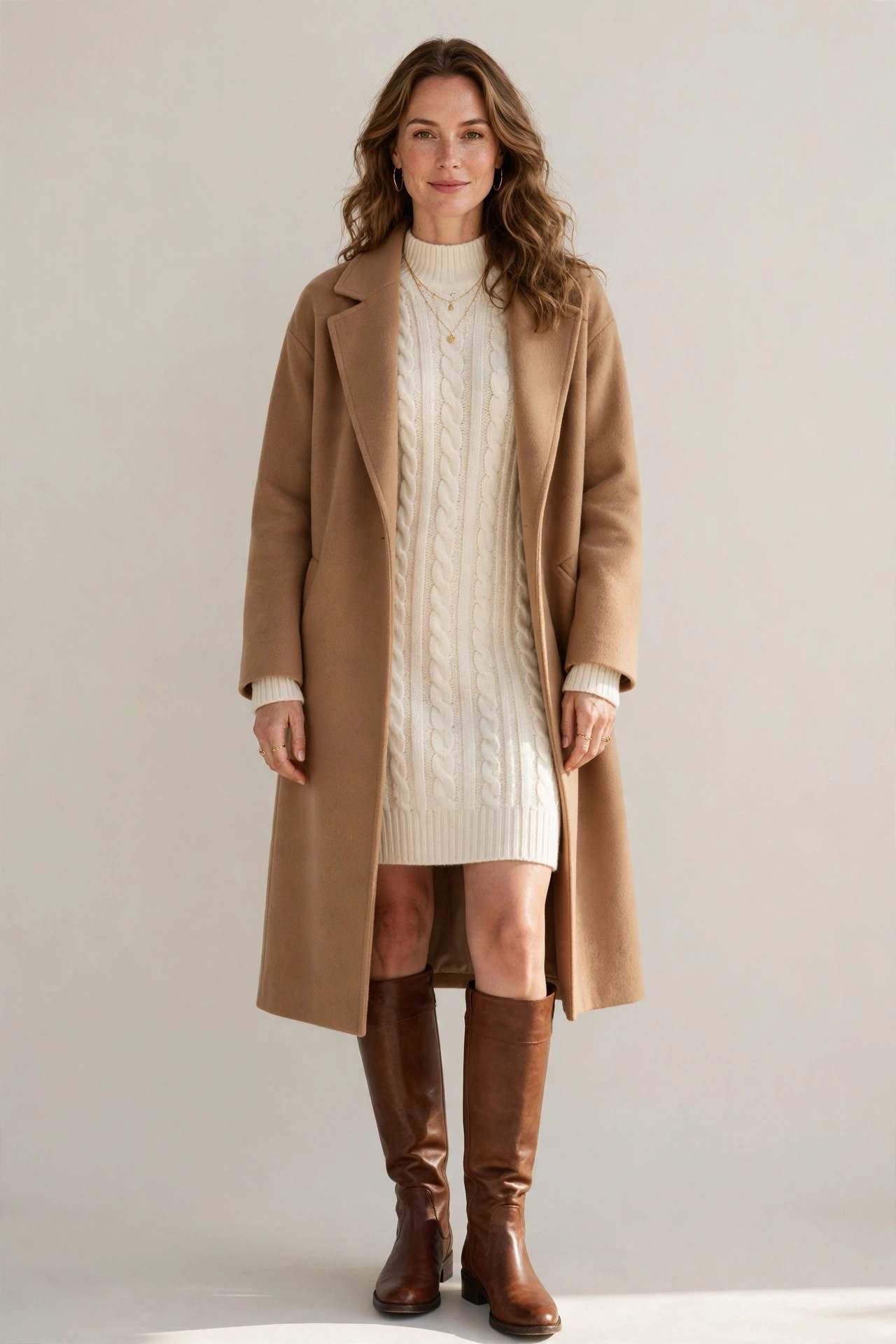 Brown leather knee high boots with sweater dress