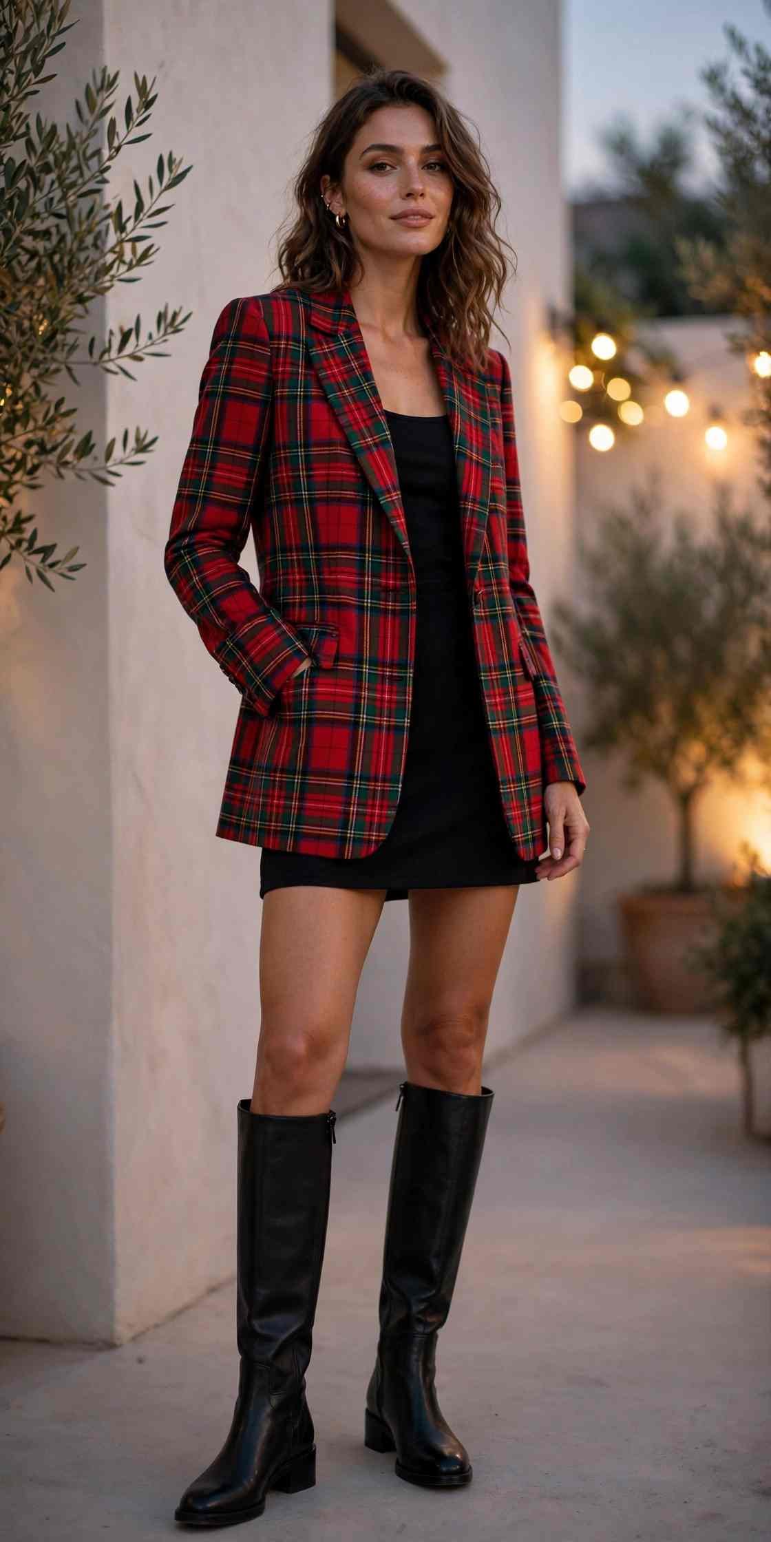Plaid blazer with mini dress and knee high boots